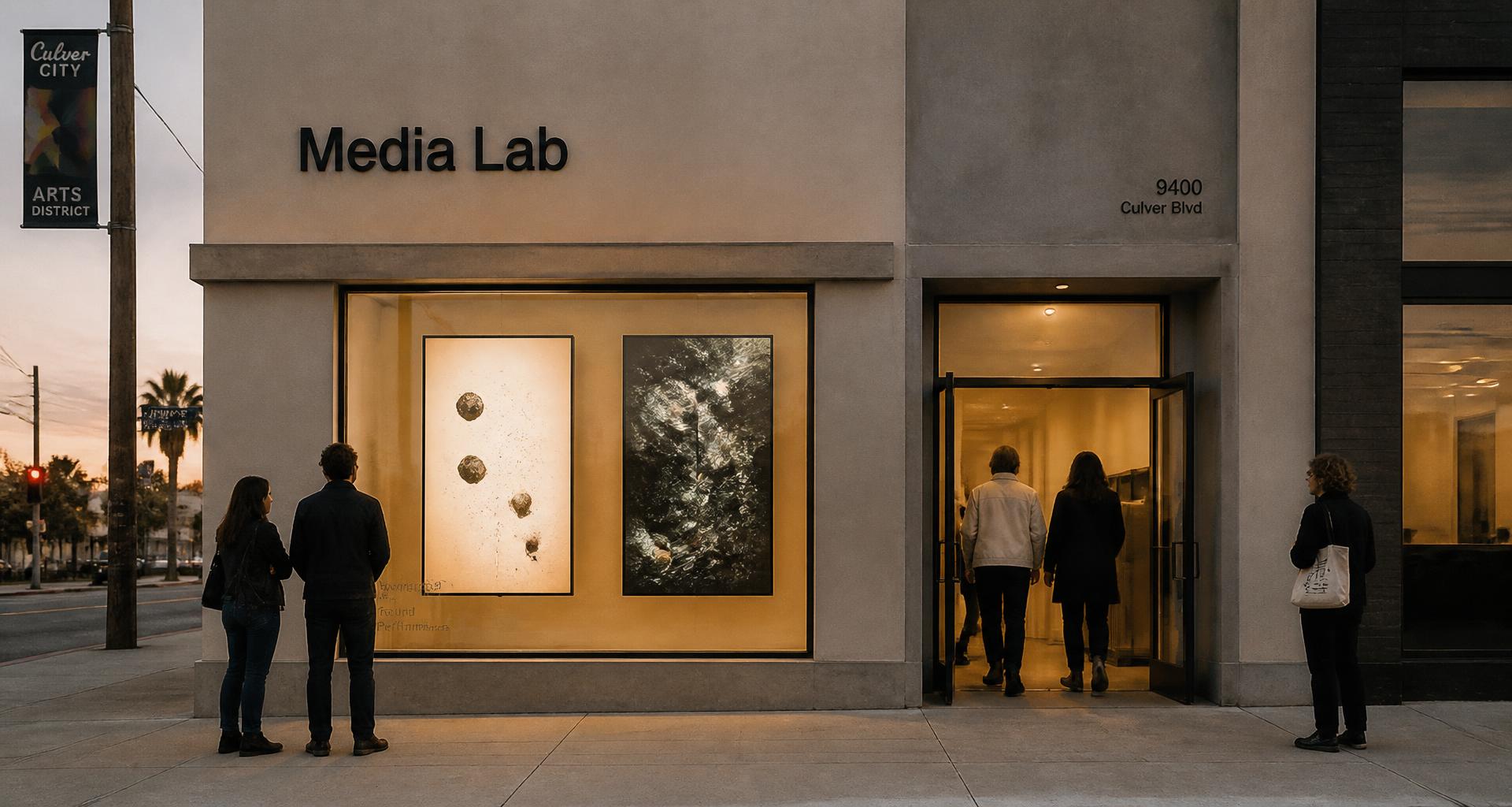 Illustrative storefront exterior with two digital artworks visible through the gallery window